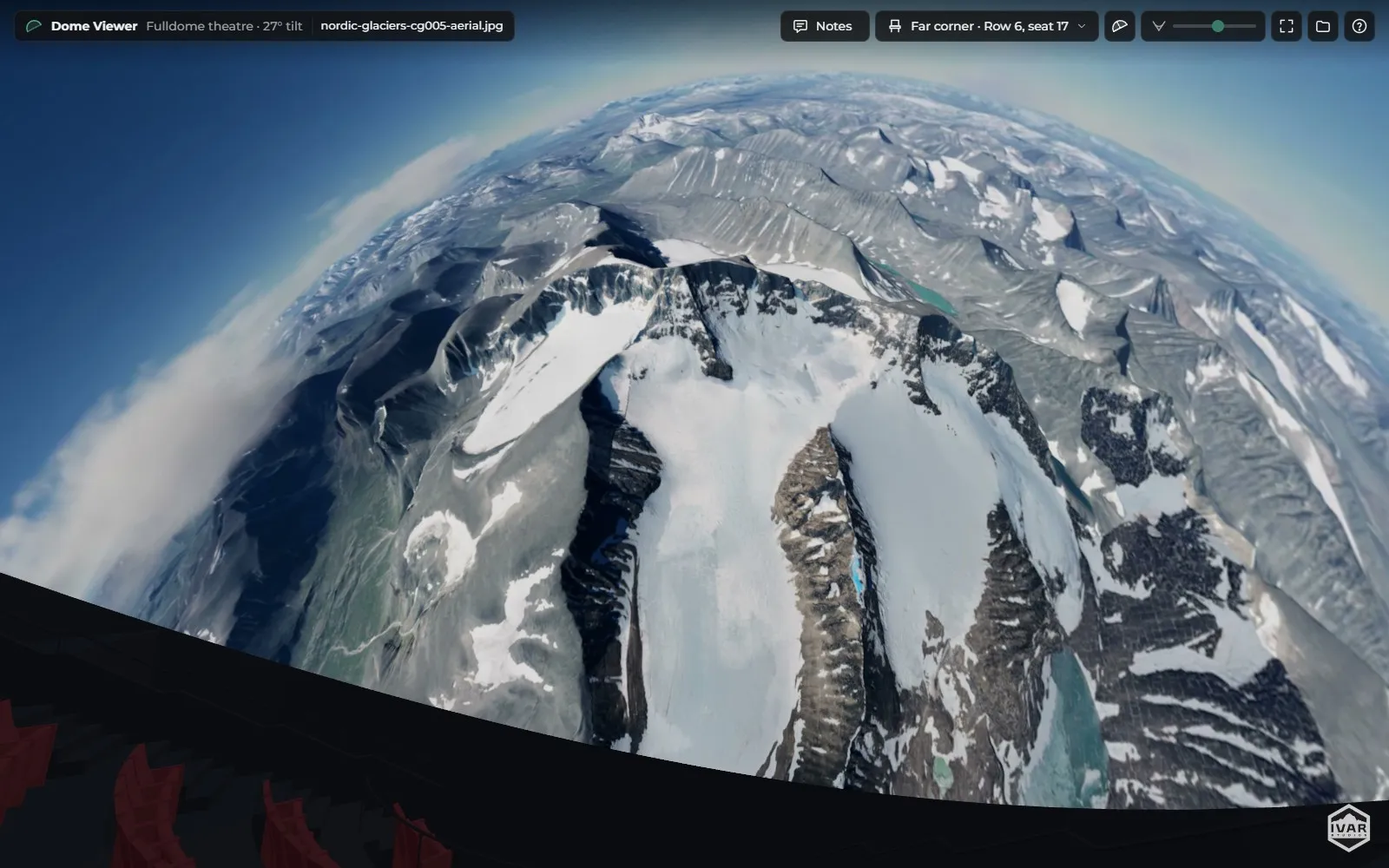 A frame from Nordic Glaciers, seen from a seat in the far corner.