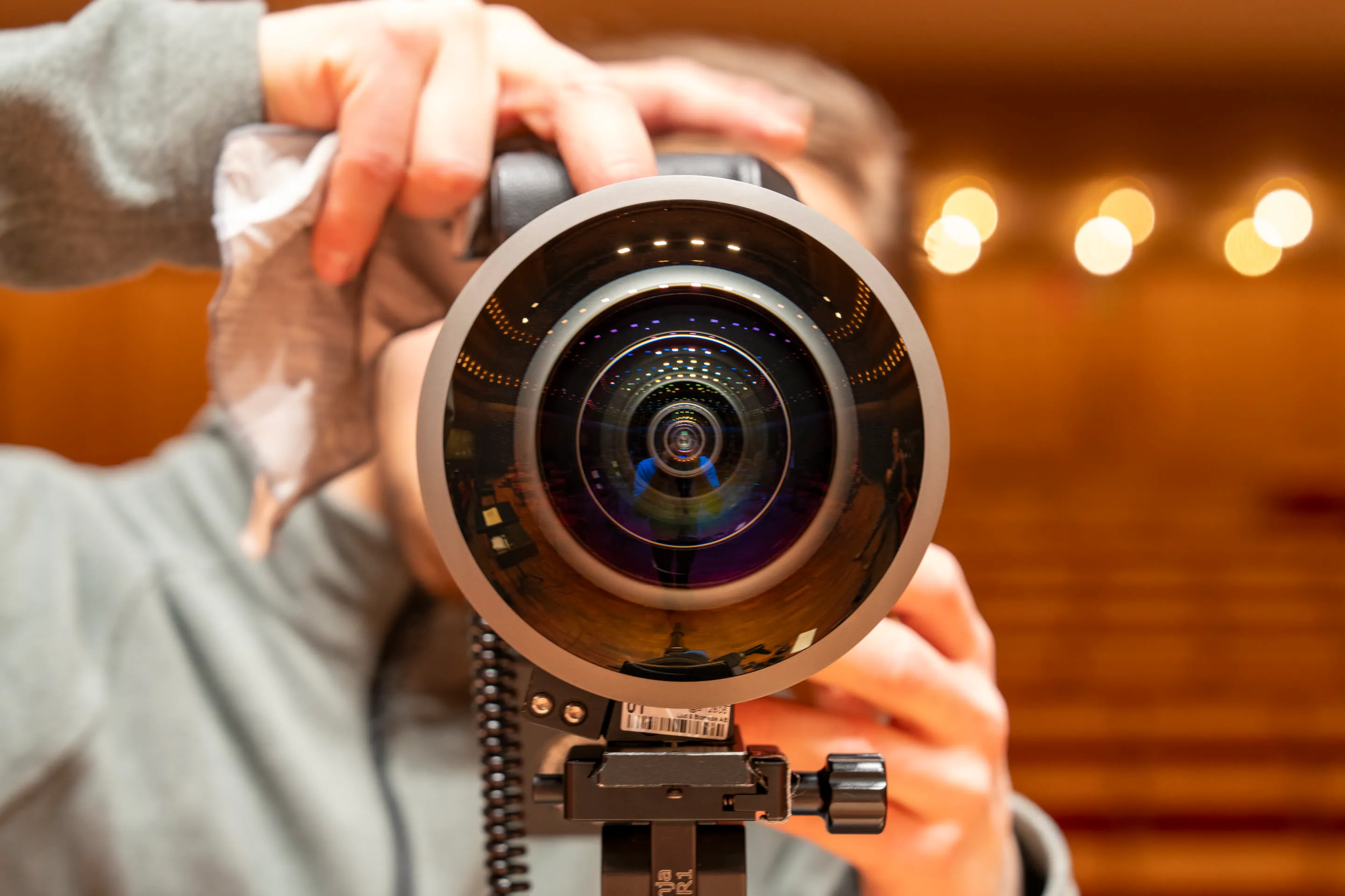 A fisheye camera rig set up in the concert hall to capture the orchestra for the dome