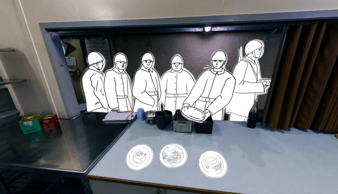 Illustrated soldiers in the interactive 360 experience