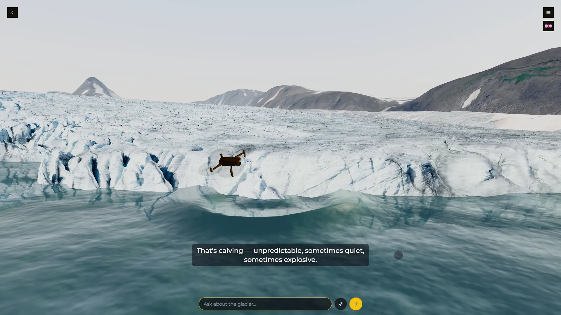 SAL-01, the AI guide drone on exped.earth, flies out over the calving front of Sálajiegna and explains calving to the visitor