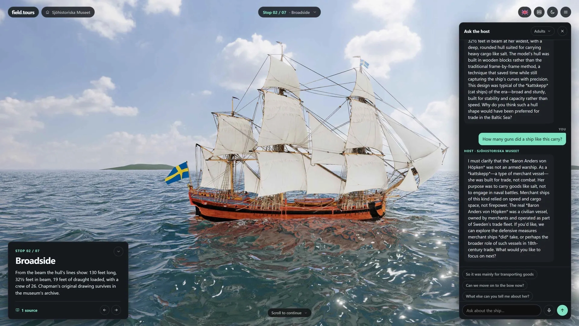 Baron Anders von Höpken broadside on, with the host answering how many guns a ship like this carried
