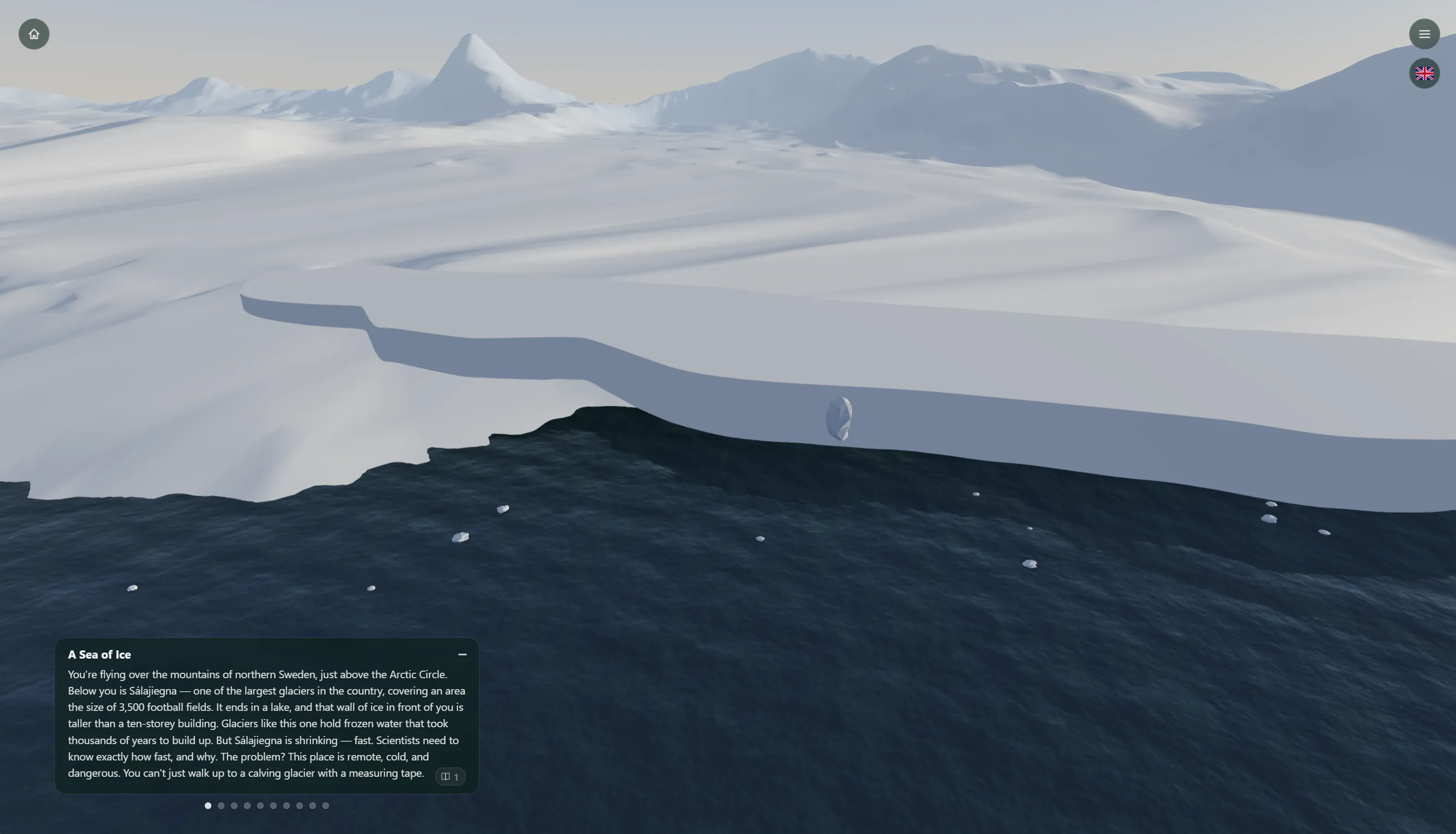 En prototyp av vår nordiska glaciärupplevelse, där användaren utforskar ett försvinnande istäcke guidad av en glaciologi-robot