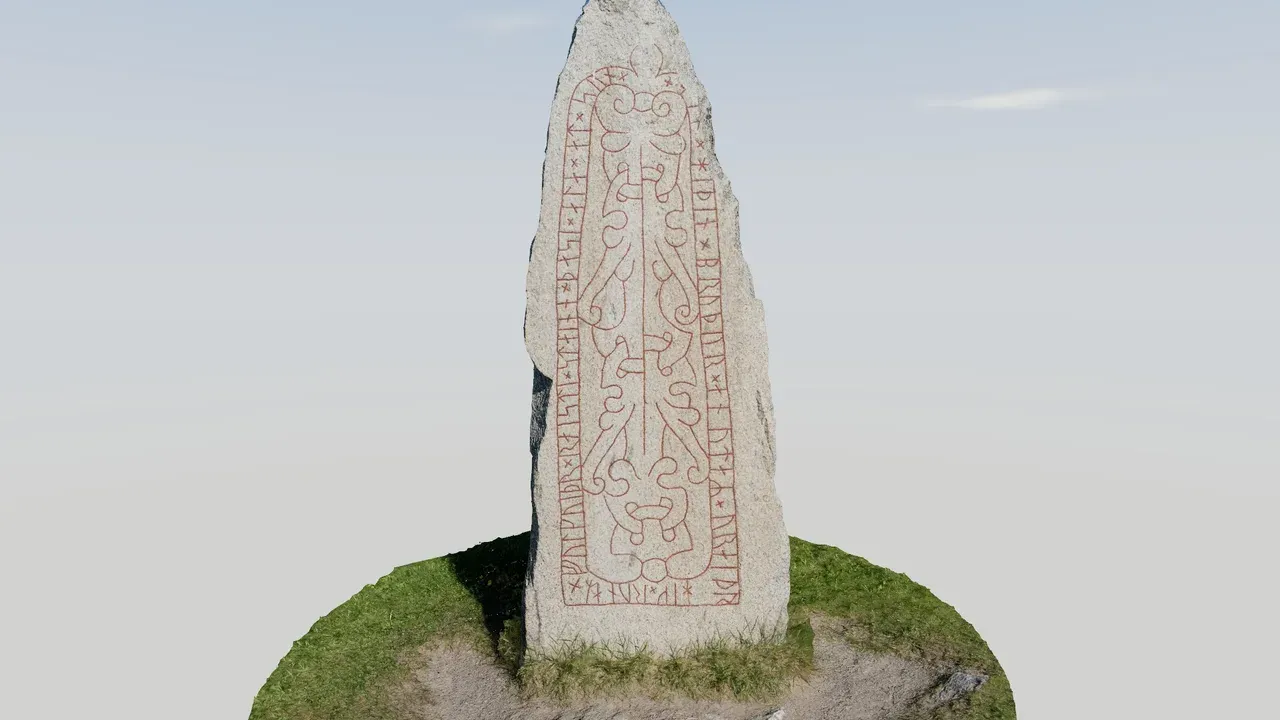 The Anundshög runestone, Vs 13 in Badelunda, scanned and standing on its mound