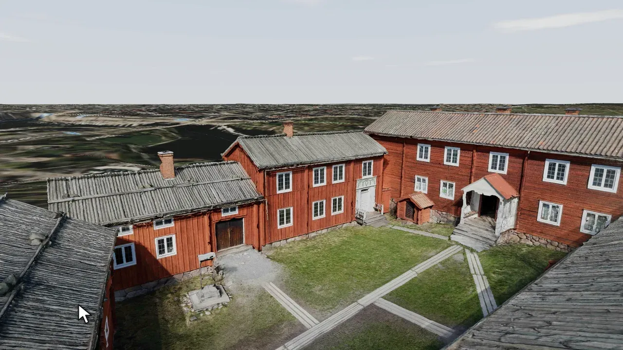 The farmyard at Delsbogården, where every named building can be tapped